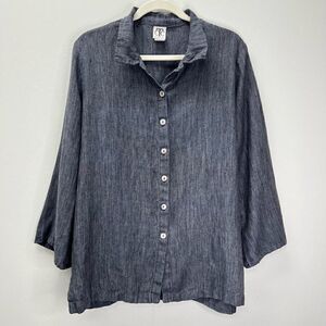 CTC Linens Vintage 100% Linen Blue Button Front Blouse Abalone Shell Buttons Siz